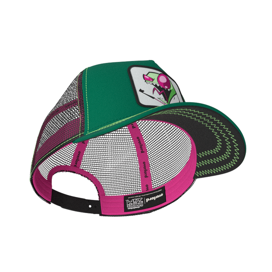 Green OVERLORD X Invader Zim screaming Zim trucker baseball cap hat with hot pink sweatband and black under brim.