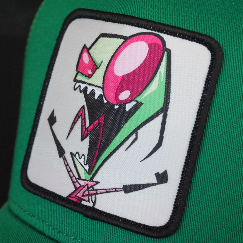 Green OVERLORD X Invader Zim screaming Zim trucker baseball cap hat woven Overlord patch closeup.