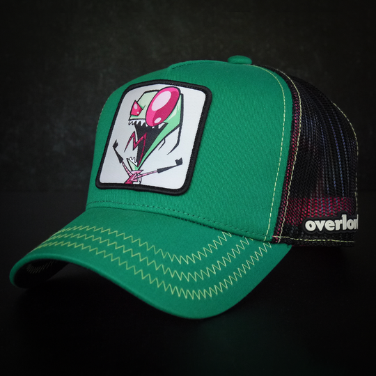 Green OVERLORD X Invader Zim screaming Zim trucker baseball cap hat with light green zig zag stitching. PVC Overlord logo.