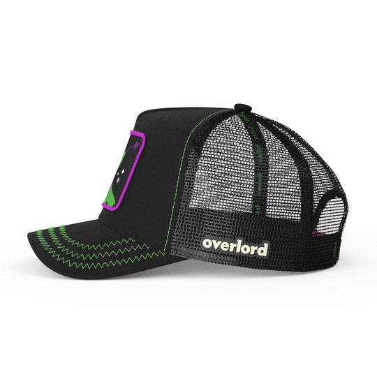 Black OVERLORD X Looney Tunes Instant Martian trucker baseball cap hat with black mesh. PVC Overlord logo.