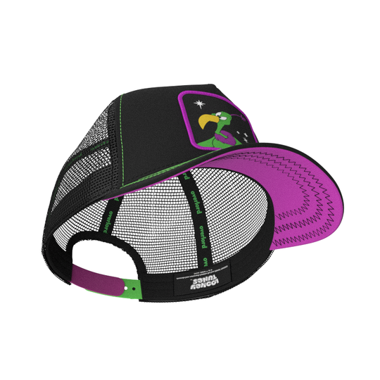 Black OVERLORD X Looney Tunes Instant Martian trucker baseball cap hat with black sweatband and purple under brim.