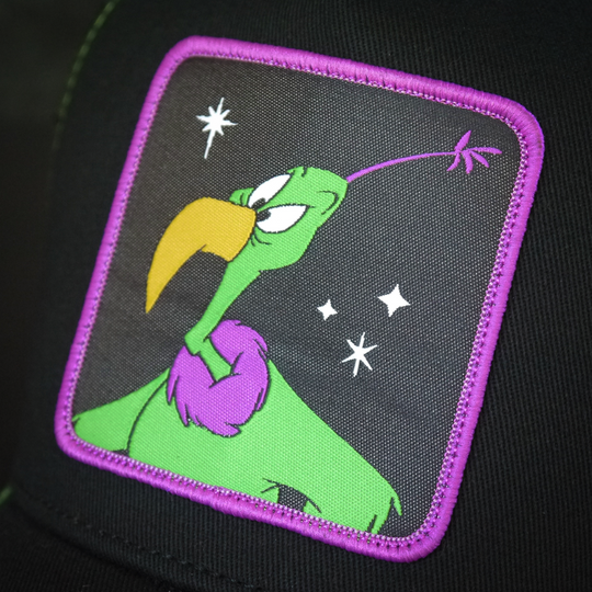 Black OVERLORD X Looney Tunes Instant Martian trucker baseball cap hat woven Overlord patch closeup.