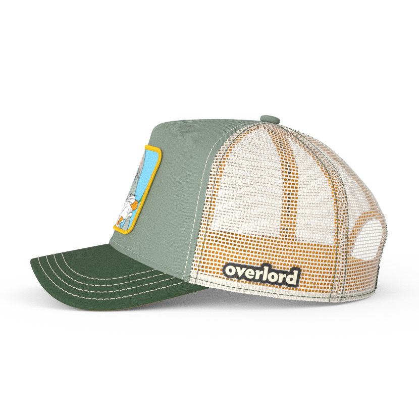 Gray green OVERLORD X Looney Tunes Bugs Bunny trucker baseball cap hat with cream mesh. PVC Overlord logo.