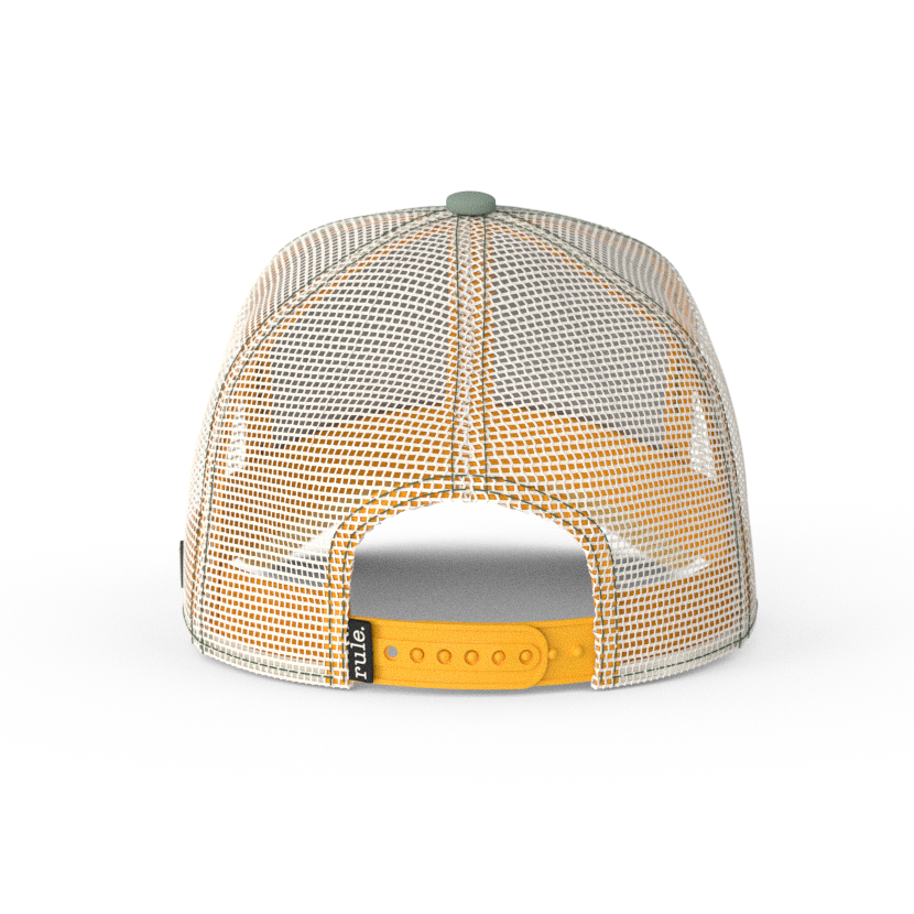 Gray green OVERLORD X Looney Tunes Bugs Bunny trucker baseball cap hat with cream mesh and light orange adjustable strap. PVC Overlord logo.