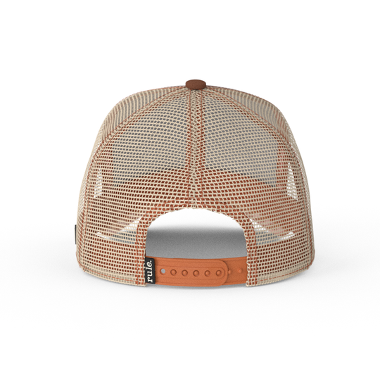 Brown OVERLORD X Looney Tunes smiling Tasmanian Devil trucker baseball cap hat with khaki mesh and brown adjustable strap. PVC Overlord logo.