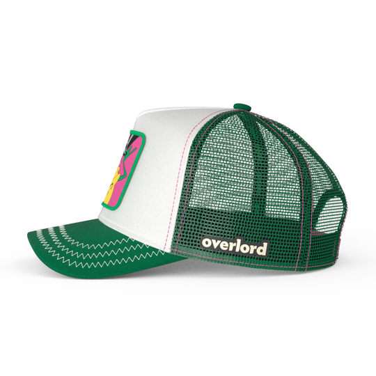 White and green OVERLORD X Looney Tunes Michigan J. Frog trucker baseball cap hat with green mesh. PVC Overlord logo.