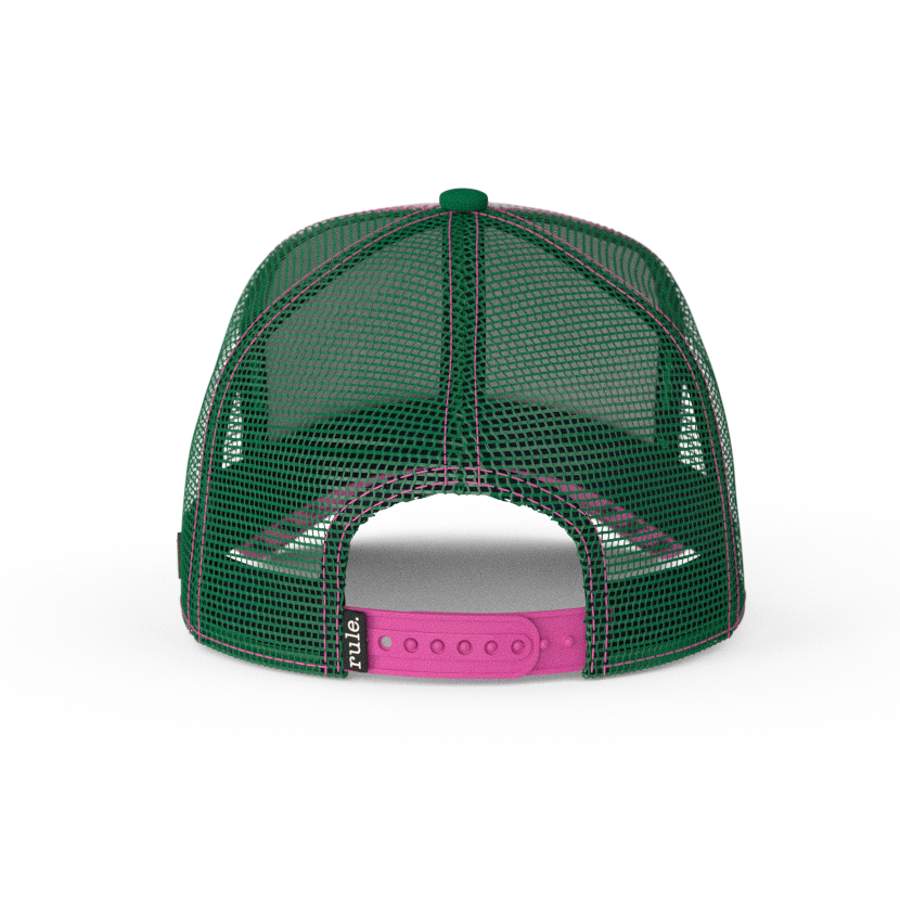 White and green OVERLORD X Looney Tunes Michigan J. Frog trucker baseball cap hat with green mesh and hot pink adjustable strap.