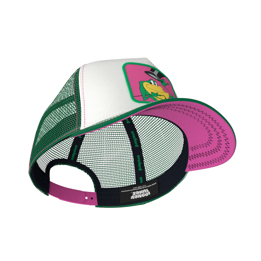 White and green OVERLORD X Looney Tunes Michigan J. Frog trucker baseball cap hat with black sweatband and pink under brim.