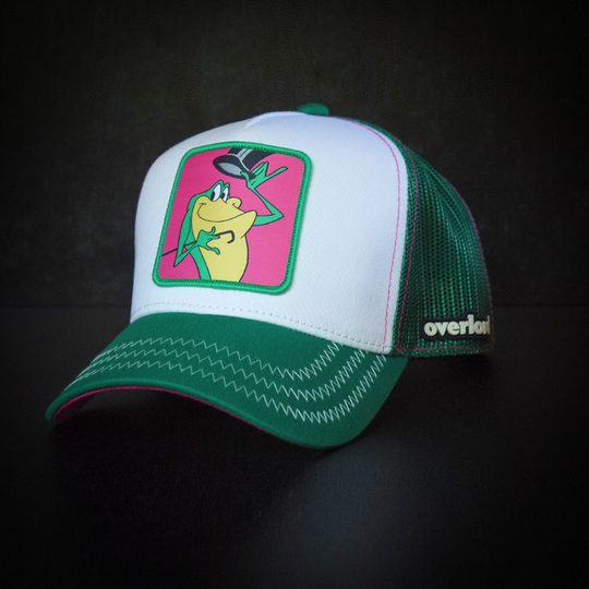 White and green OVERLORD X Looney Tunes Michigan J. Frog trucker baseball cap hat with white zig zag stitching. PVC Overlord logo.