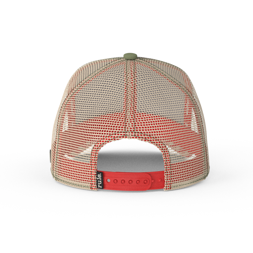Camo OVERLORD X Looney Tunes Elmer Fudd trucker baseball cap hat with khaki mesh and red adjustable strap.