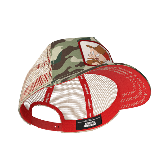 Camo OVERLORD X Looney Tunes Elmer Fudd trucker baseball cap hat with red sweatband and red under brim.