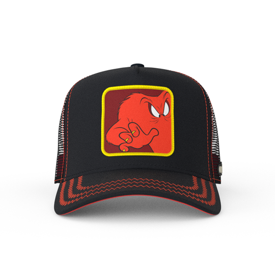 Black OVERLORD X Looney Tunes Gossamer trucker baseball cap hat with red zig zag stitching. PVC Overlord logo.