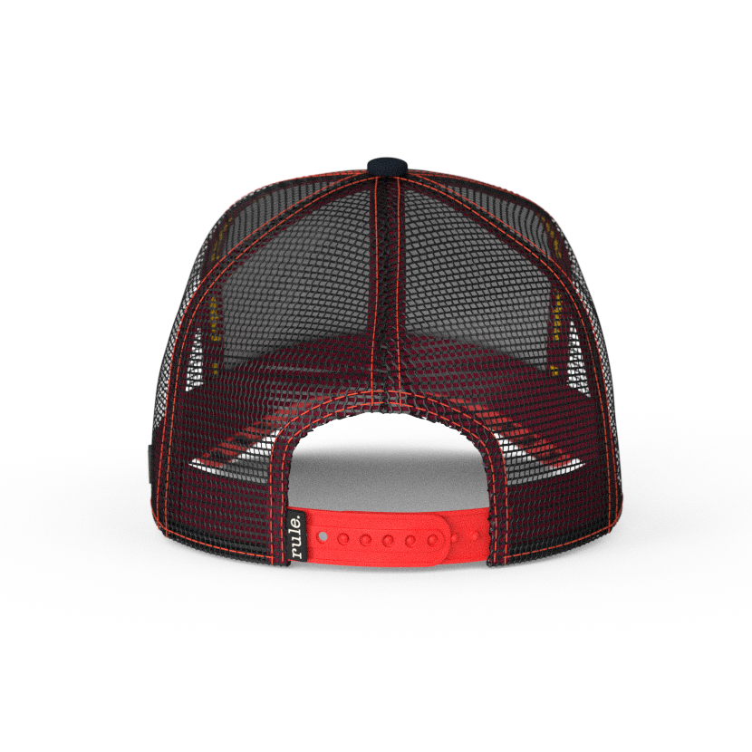 Black OVERLORD X Looney Tunes Gossamer trucker baseball cap hat with black mesh and red adjustable strap. PVC Overlord logo.