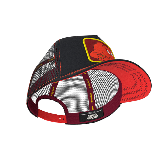 Black OVERLORD X Looney Tunes Gossamer trucker baseball cap hat with maroon sweatband and red under brim.