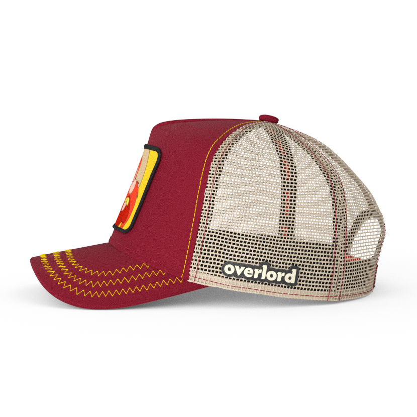 Dark Red OVERLORD X Looney Tunes smug Yosemite Sam trucker baseball cap hat with khaki mesh. PVC Overlord logo.