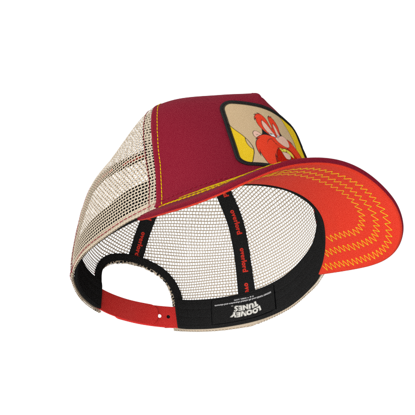 Dark Red OVERLORD X Looney Tunes smug Yosemite Sam trucker baseball cap hat with black sweatband and red under brim.