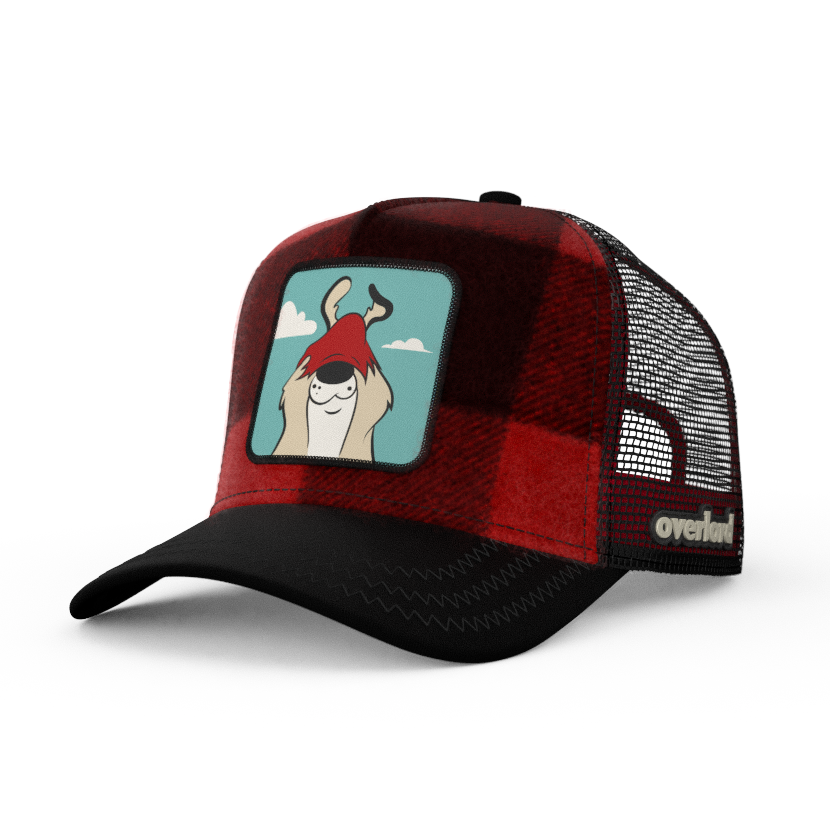 Buffalo Plaid OVERLORD X Looney Tunes Sam the Sheepdog trucker baseball cap hat with black zig zag stitching. PVC Overlord logo.