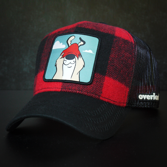 Buffalo Plaid OVERLORD X Looney Tunes Sam the Sheepdog trucker baseball cap hat with black zig zag stitching. PVC Overlord logo.