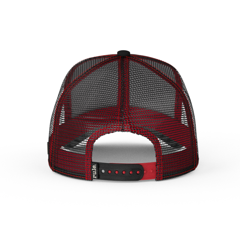 Black OVERLORD X Looney Tunes Toro the bull trucker baseball cap hat with black and red adjustable strap.