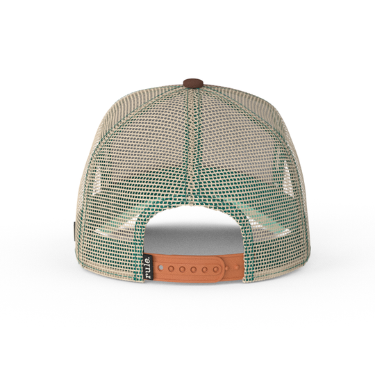 Brown OVERLORD X Looney Tunes thinking Wile E. Coyote trucker baseball cap hat with khaki mesh and light brown adjustable strap.