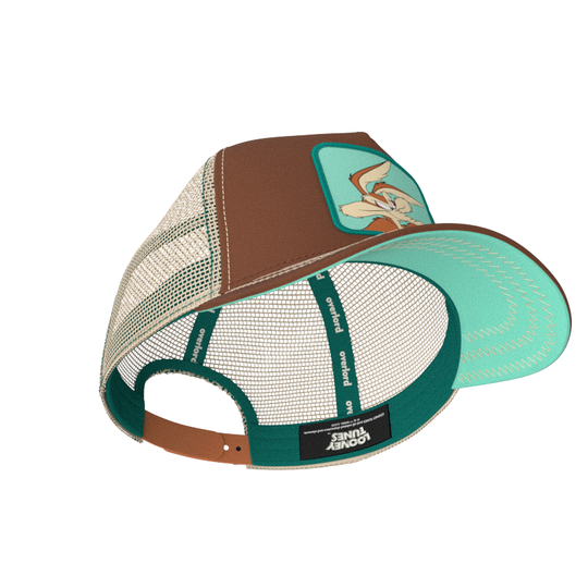 Brown OVERLORD X Looney Tunes thinking Wile E. Coyote trucker baseball cap hat with teal sweatband and light turquoise under brim.
