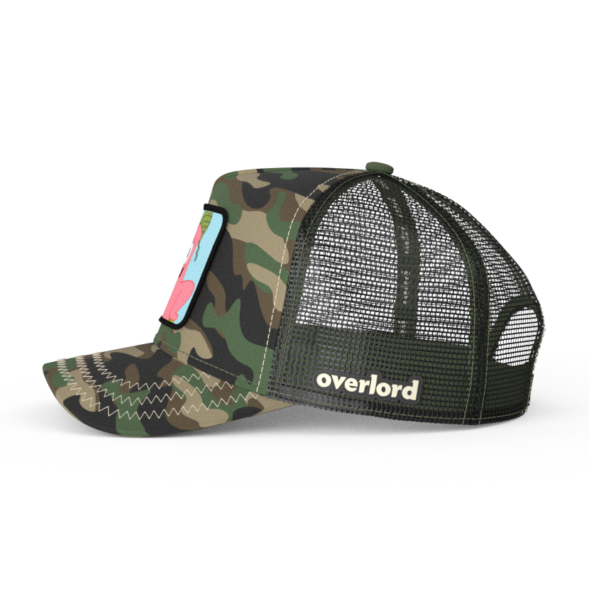 Camo OVERLORD X SpongeBob Private Patrick trucker baseball cap hat with black mesh. PVC Overlord logo.