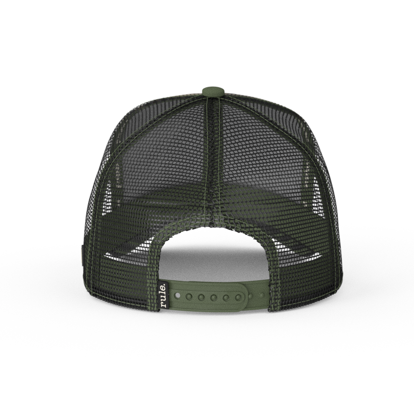 Camo OVERLORD X SpongeBob Private Patrick trucker baseball cap hat with black mesh and army green adjustable strap. 
