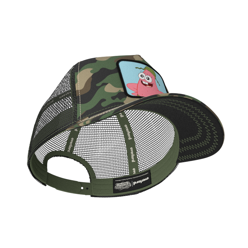 Camo OVERLORD X SpongeBob Private Patrick trucker baseball cap hat with khaki zig zag stitching. PVC Overlord logo.