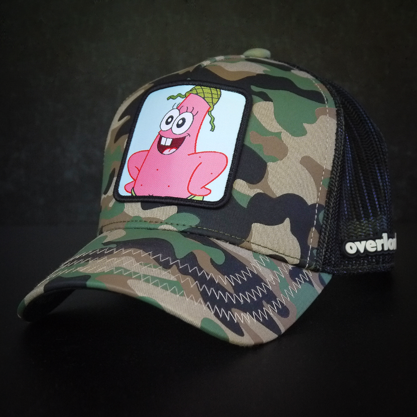 Camo OVERLORD X SpongeBob Private Patrick trucker baseball cap hat with khaki zig zag stitching. PVC Overlord logo.