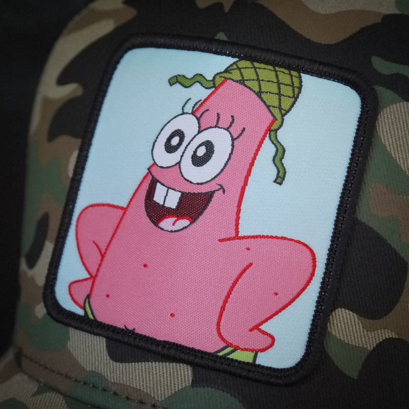 Camo OVERLORD X SpongeBob Private Patrick trucker baseball cap hat patch close up.