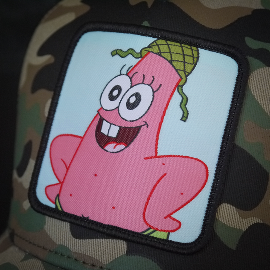 Camo OVERLORD X SpongeBob Private Patrick trucker baseball cap hat patch close up.