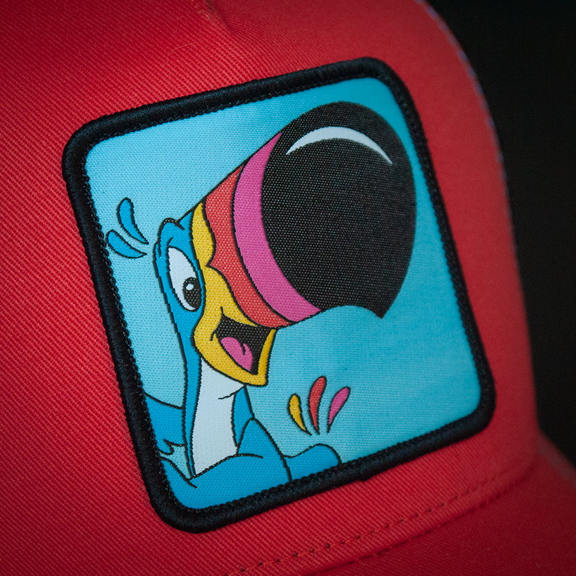 OVERLORD X Kelloggs red trucker baseball cap hat woven Overlord patch closeup.