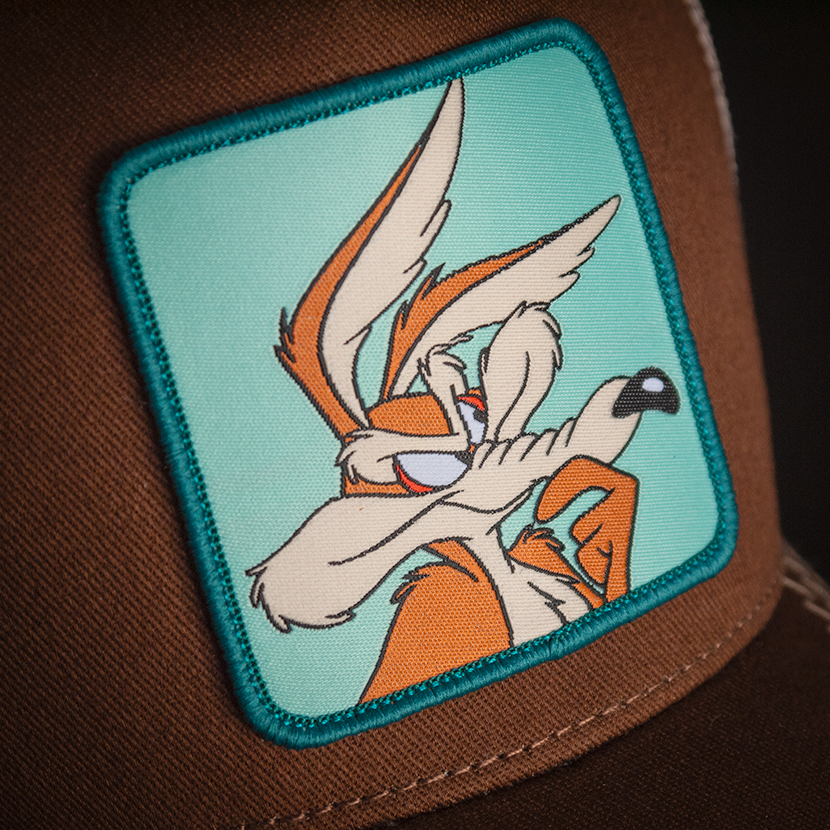 Brown OVERLORD X Looney Tunes thinking Wile E. Coyote trucker baseball cap hat woven Overlord patch closeup.