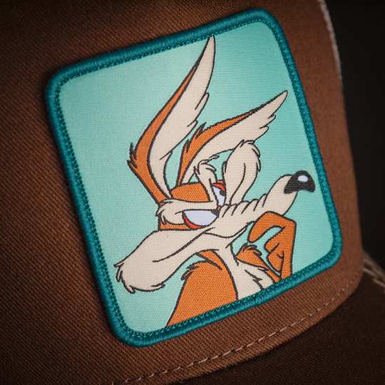 Brown OVERLORD X Looney Tunes thinking Wile E. Coyote trucker baseball cap hat woven Overlord patch closeup.
