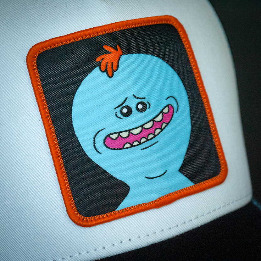 White OVERLORD X Rick & Morty smiling Meeseeks trucker baseball cap hat woven Overlord patch closeup.