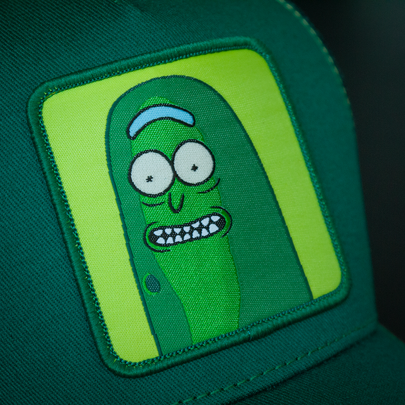 Dark Green OVERLORD X Rick & Morty scared Pickle Rick trucker baseball cap hat woven Overlord patch closeup.