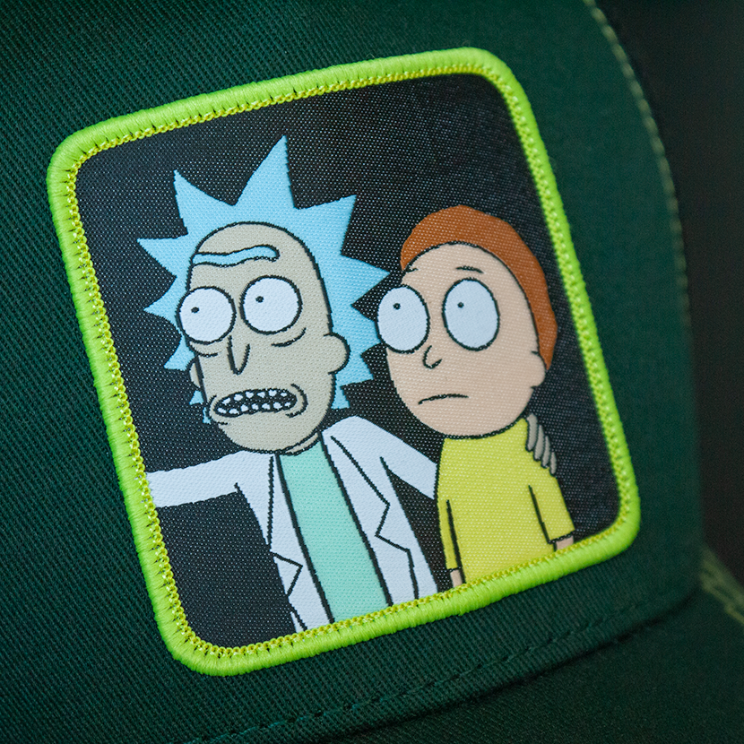 Dark Green OVERLORD X Rick & Morty duo trucker baseball cap hat woven Overlord patch closeup.