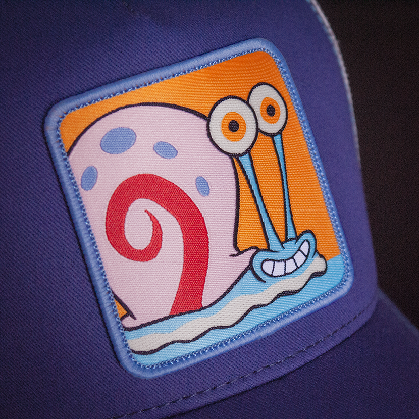 Deep Purple OVERLORD X SpongeBob Gary the snail trucker baseball cap hat woven Overlord patch closeup.