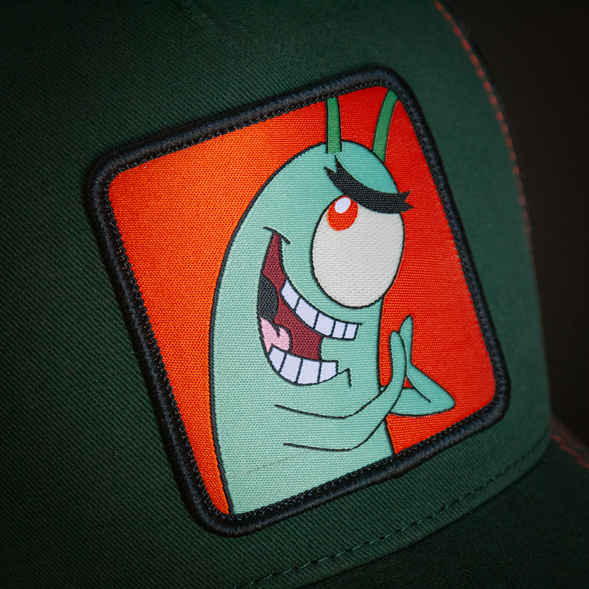 Dark Green OVERLORD X SpongeBob smiling Plankton trucker baseball cap hat with red stitching. Woven Overlord patch.