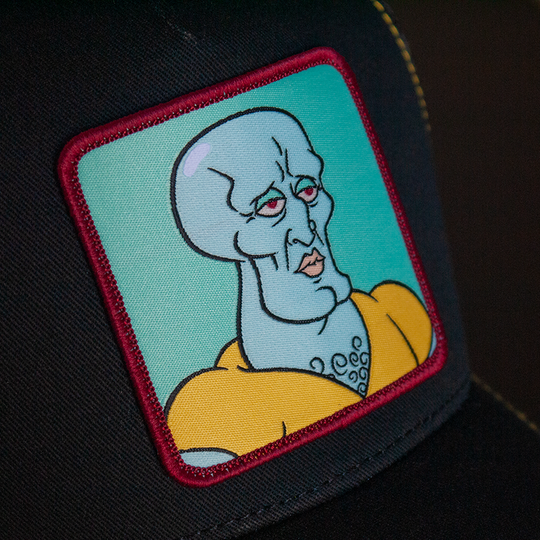 Black OVERLORD X SpongeBob Handsome Squidward trucker baseball cap hat woven Overlord patch closeup.