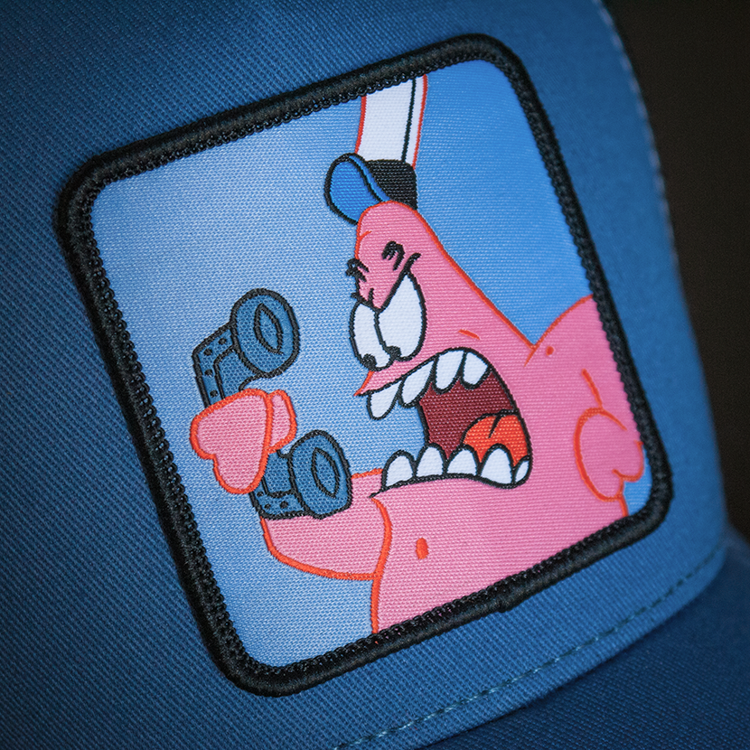 Blue OVERLORD X SpongeBob Patrick yelling at phone trucker baseball cap hat woven Overlord patch closeup.