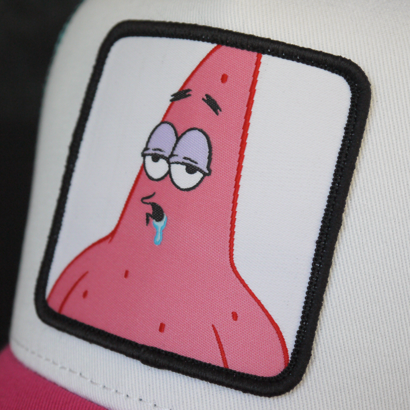 White and pink OVERLORD X SpongeBob Drooling Patrick trucker baseball cap hat woven Overlord patch closeup.