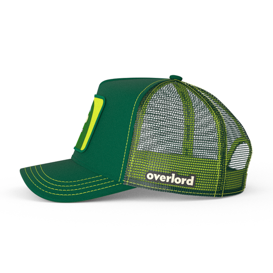 Dark Green OVERLORD X Rick & Morty scared Pickle Rick trucker baseball cap hat with dark green mesh. PVC Overlord logo.