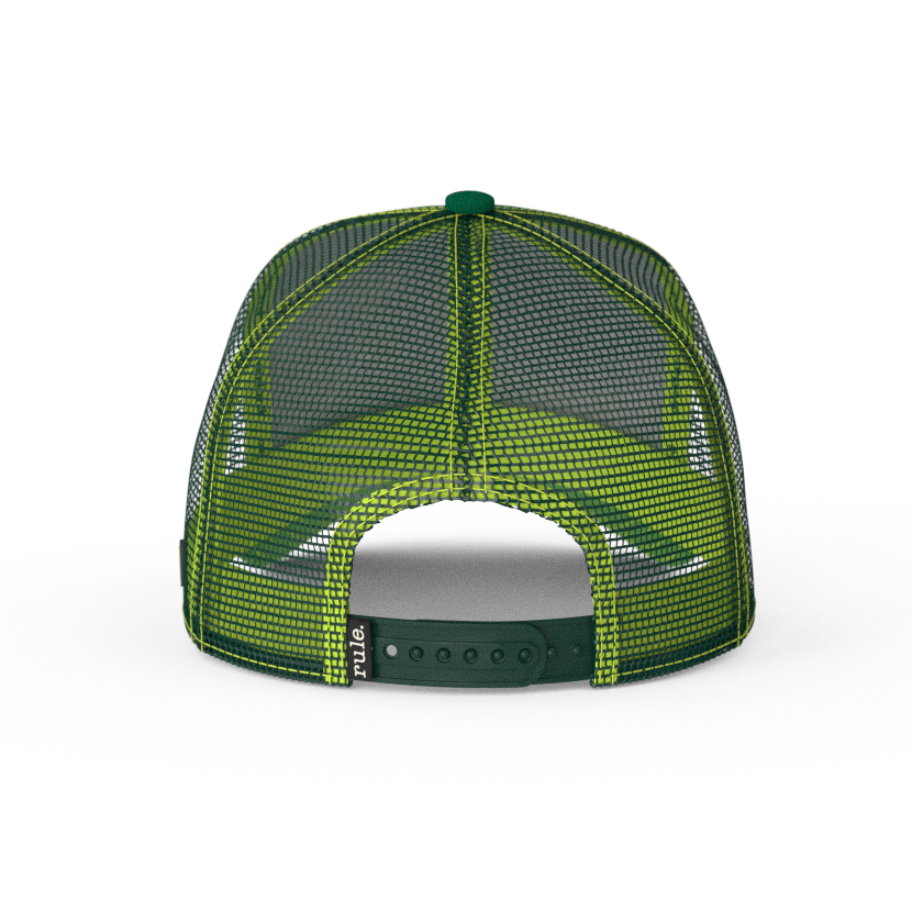 Dark Green OVERLORD X Rick & Morty scared Pickle Rick trucker baseball cap hat with dark green mesh and dark green adjustable strap. PVC Overlord logo.