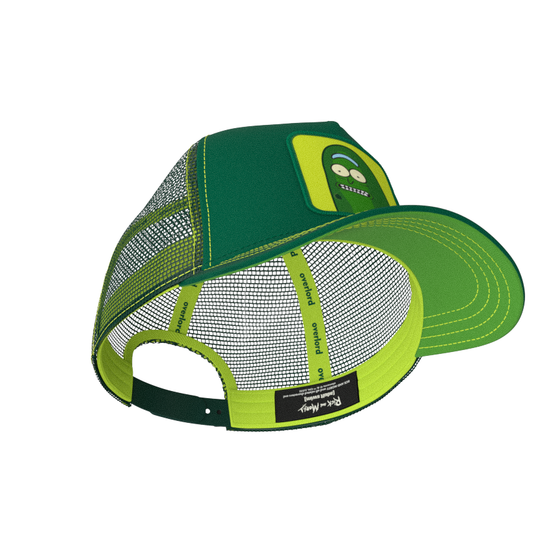 Dark Green OVERLORD X Rick & Morty scared Pickle Rick trucker baseball cap hat with lime green sweatband and green under brim.