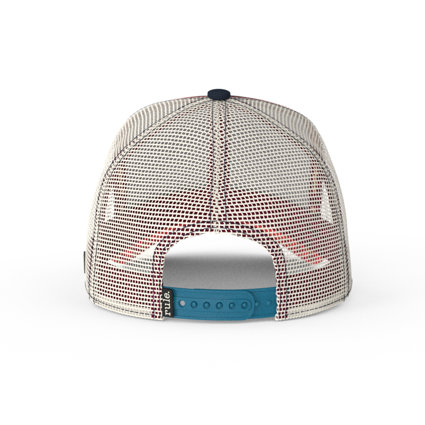Navy and red OVERLORD X Popeye smug Popeye trucker baseball cap hat with cream mesh and blue adjustable strap.