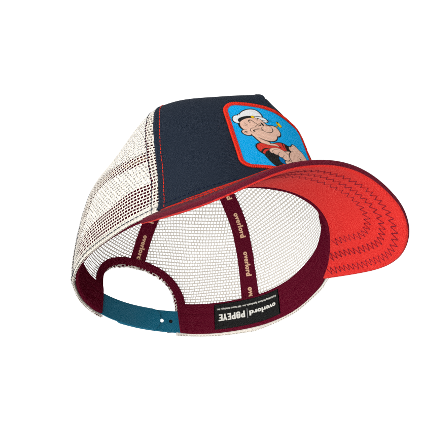 Navy and red OVERLORD X Popeye smug Popeye trucker baseball cap hat with maroon sweatband and red under brim.