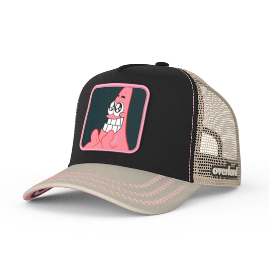 Black and tan OVERLORD X SpongeBob Big Smile Patrick trucker baseball cap hat with pink zig zag stitching. PVC Overlord logo.