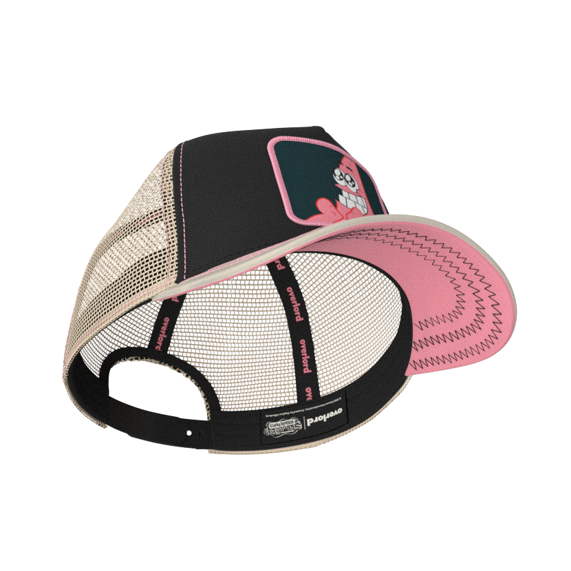 Black and tan OVERLORD X SpongeBob Big Smile Patrick trucker baseball cap hat with black sweatband and pink under brim.