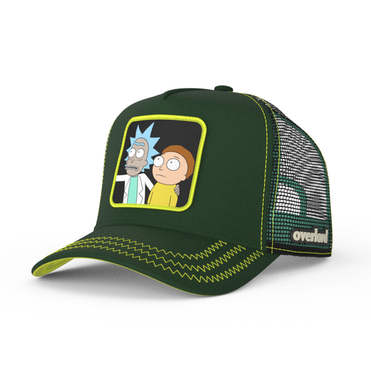 Dark Green OVERLORD X Rick & Morty duo trucker baseball cap hat with lime green zig zag stitching. PVC Overlord logo.